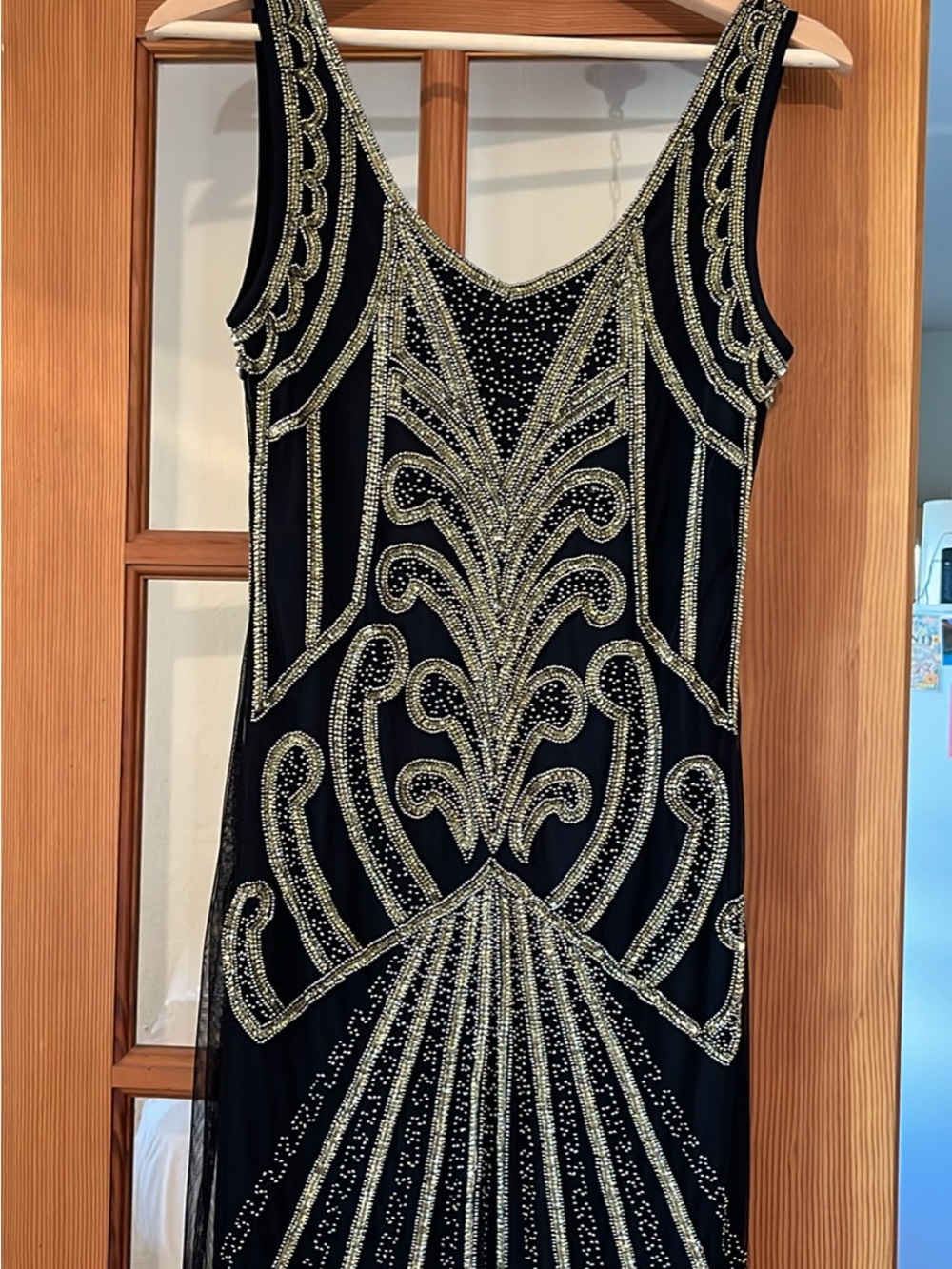 Black Strapless Beaded Evening Dress with Gold Embellishment